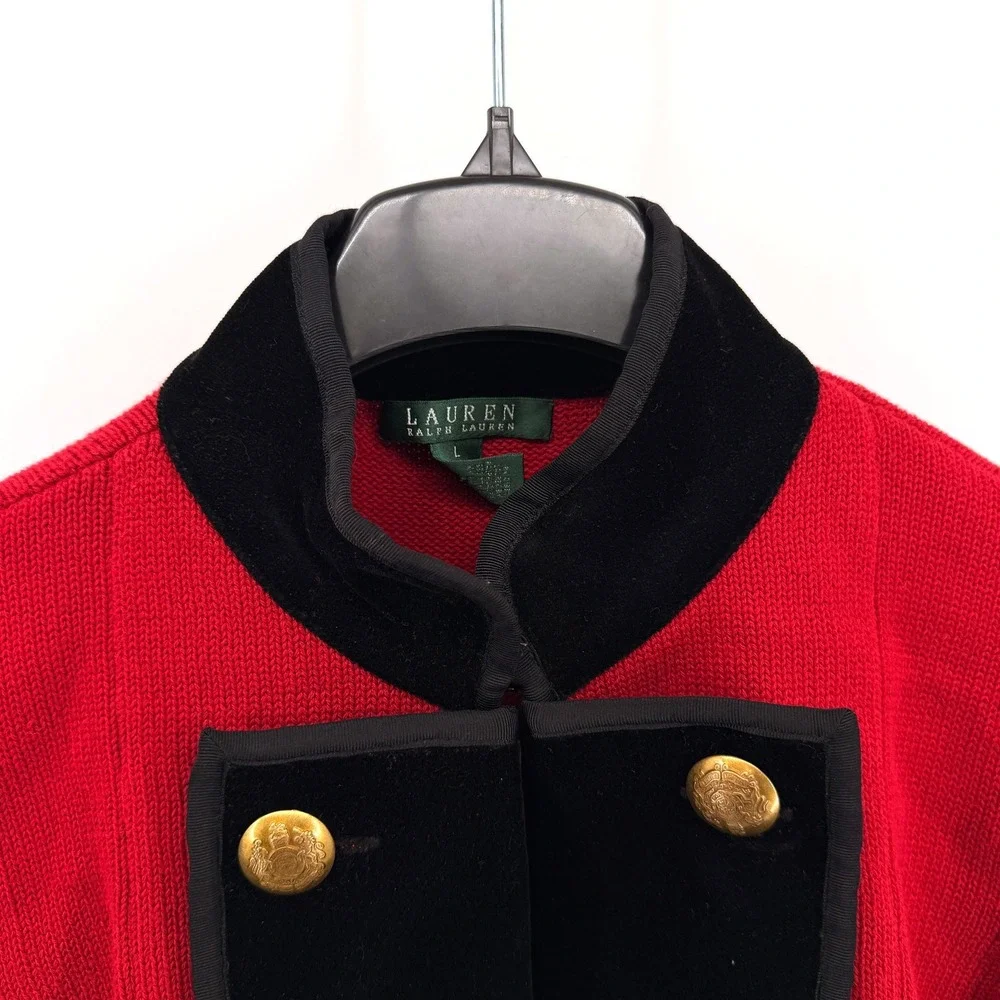 Vtg. Lauren Ralph Lauren Womens Large Pre-Owned Sweater Red Velvet Trim Military